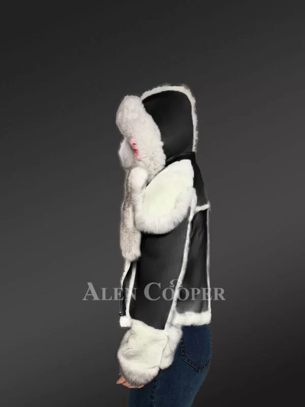 Black Sheepskin Shearling Jacket with Fox Fur for Women - Image 4