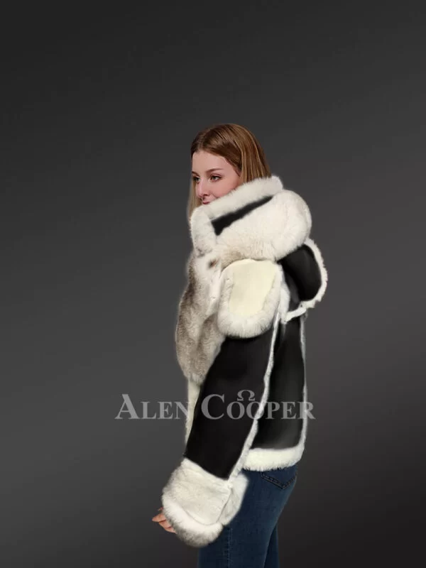 Black Sheepskin Shearling Jacket with Fox Fur for Women - Image 3