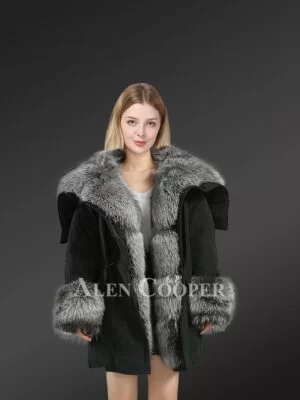 Black shell silver fur hooded warm winter parka for women