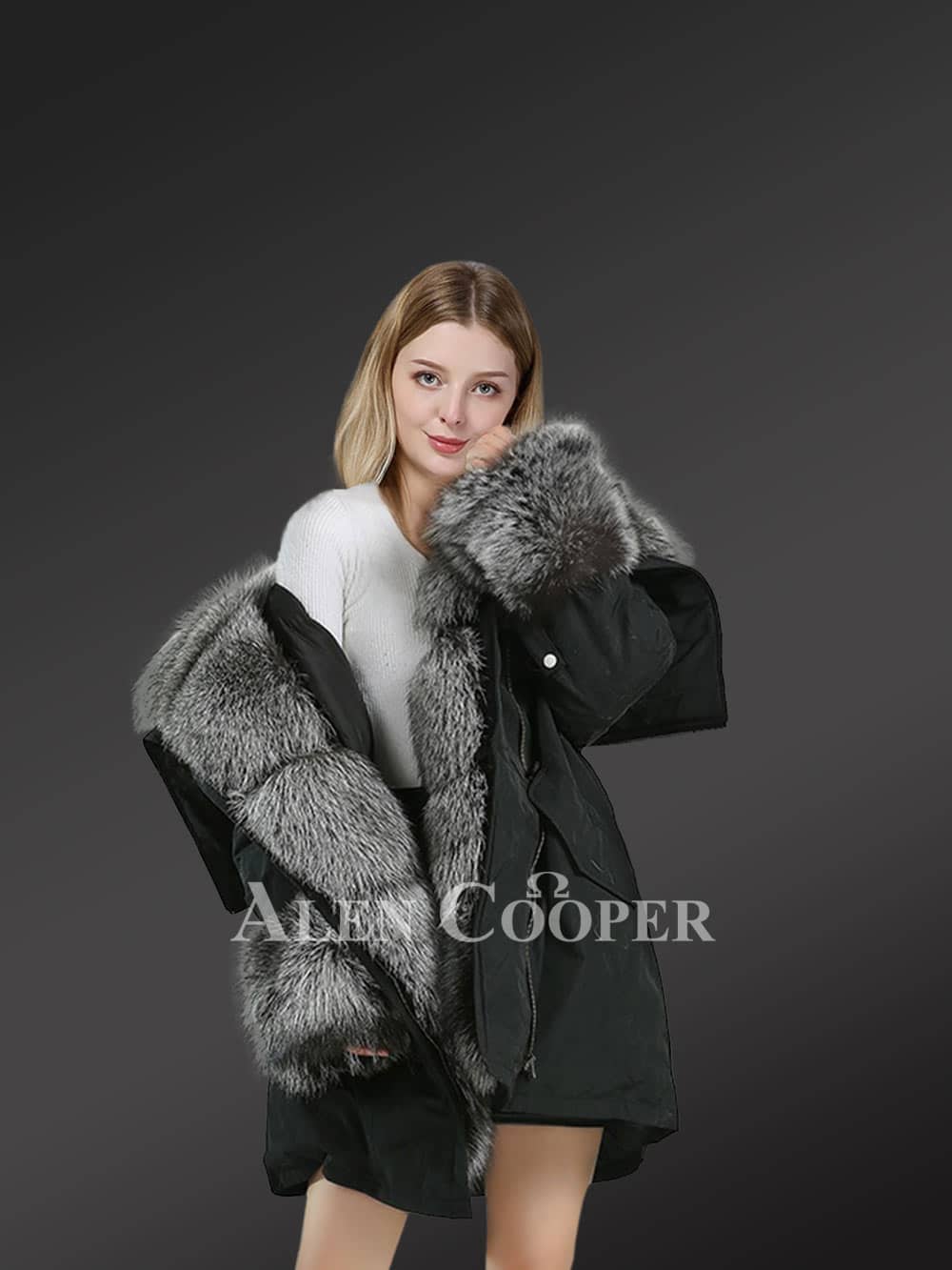 Black shell silver fur hooded warm winter parka for women