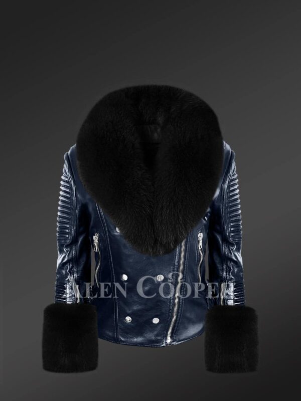 Blue Leather Jacket For Women With Fox Fur Collar And Cuffs
