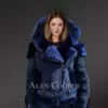 Blue Suede Finish Biker Style Shearling Jacket for Women