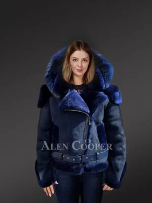 Blue Suede Finish Biker Style Shearling Jacket for Women