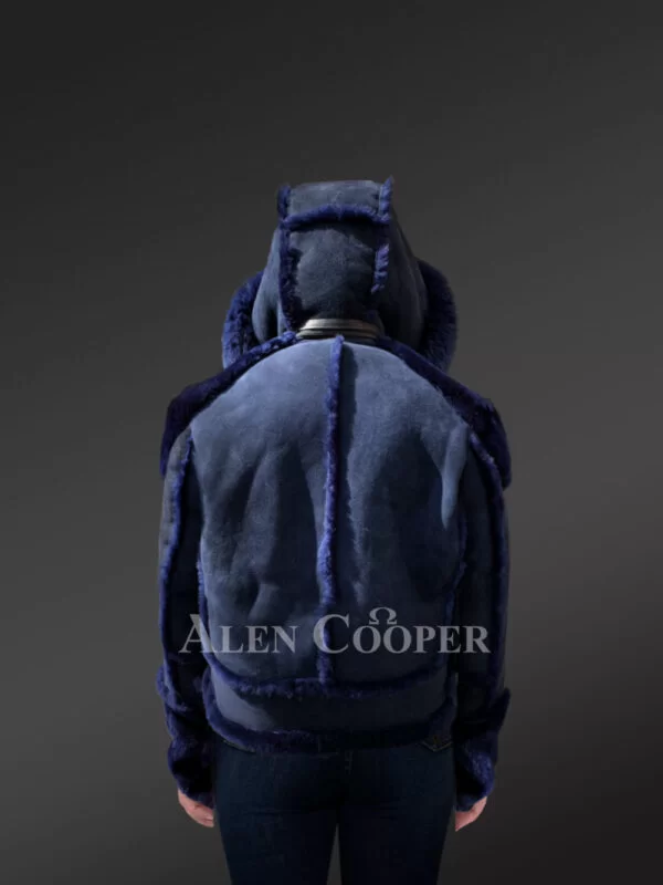 Blue Suede Finish Biker Style Shearling Jacket for Women - Image 5