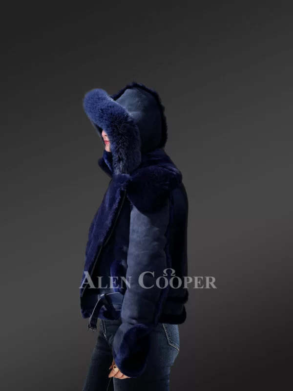Blue Suede Finish Biker Style Shearling Jacket for Women - Image 4