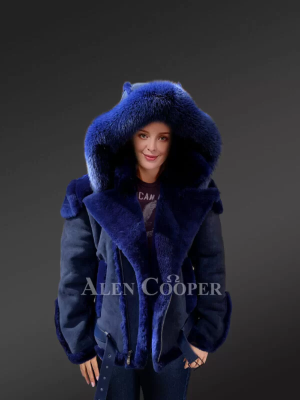 Blue Suede Finish Biker Style Shearling Jacket for Women - Image 3