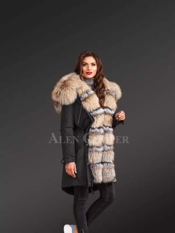 Blue Frost Fox Fur Hybrid Black Parka with Rabbit Liner Convertible for Women's - Image 2