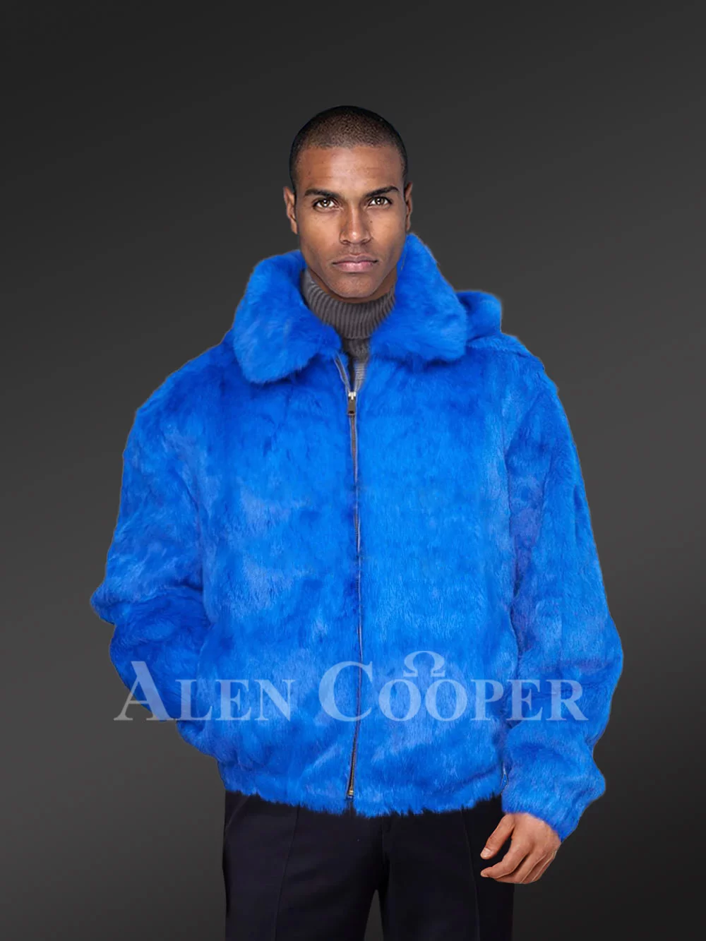 Henig Furs Men's Fox Fur Bomber Jacket S / Blue / No Hood