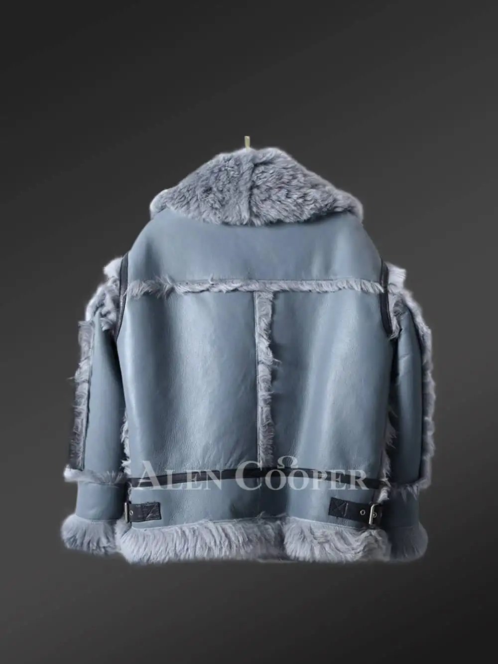 Bomber Style Shearling Jacket for Women in Blue - Image 4
