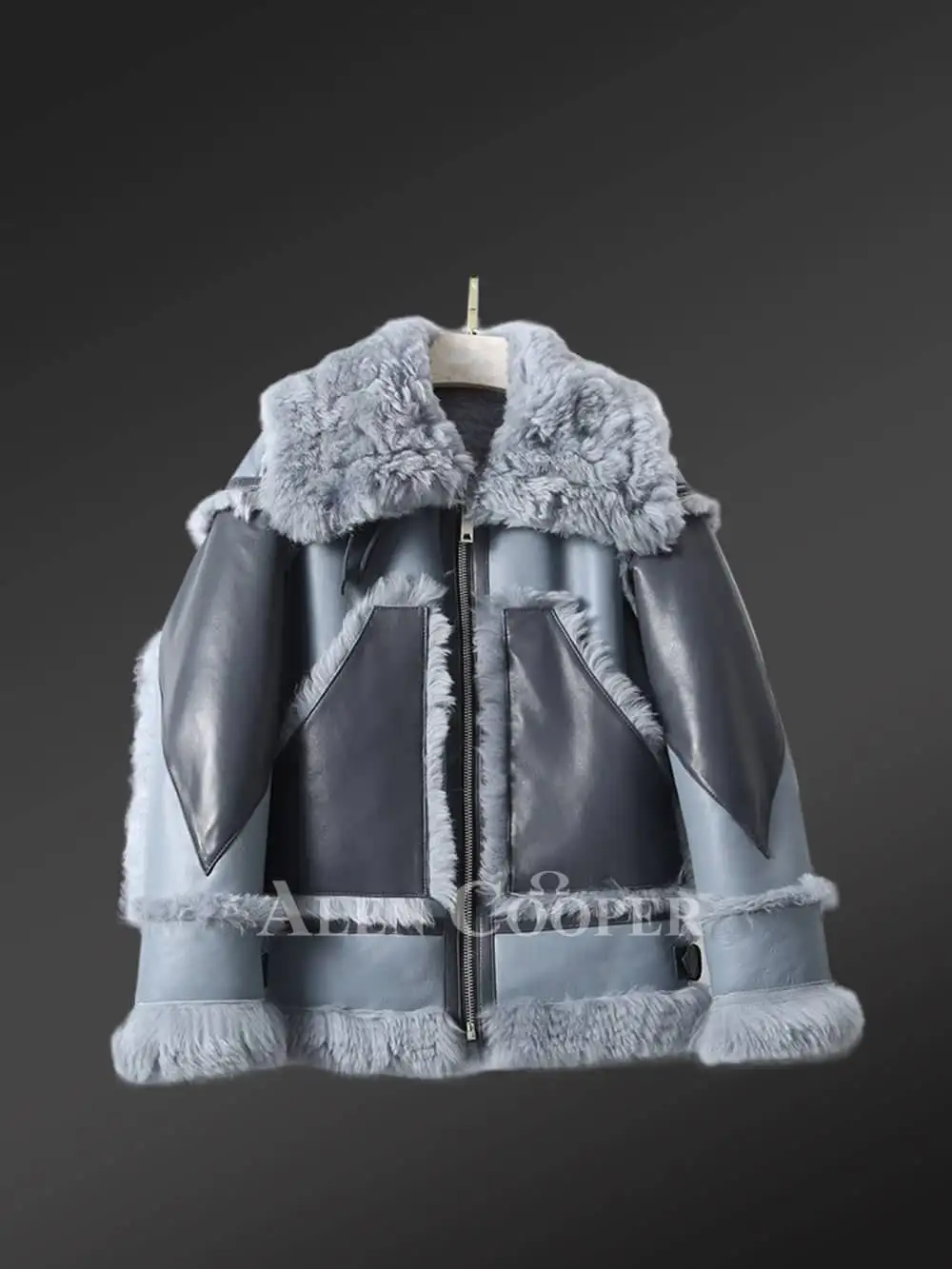 Bomber Style Shearling Jacket for Women in Blue - Image 3