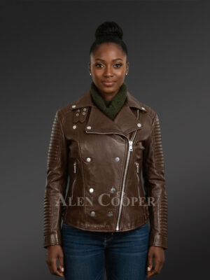 Brown Leather biker jacket with piped sleeves