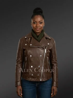 Brown Leather biker jacket with piped sleeves