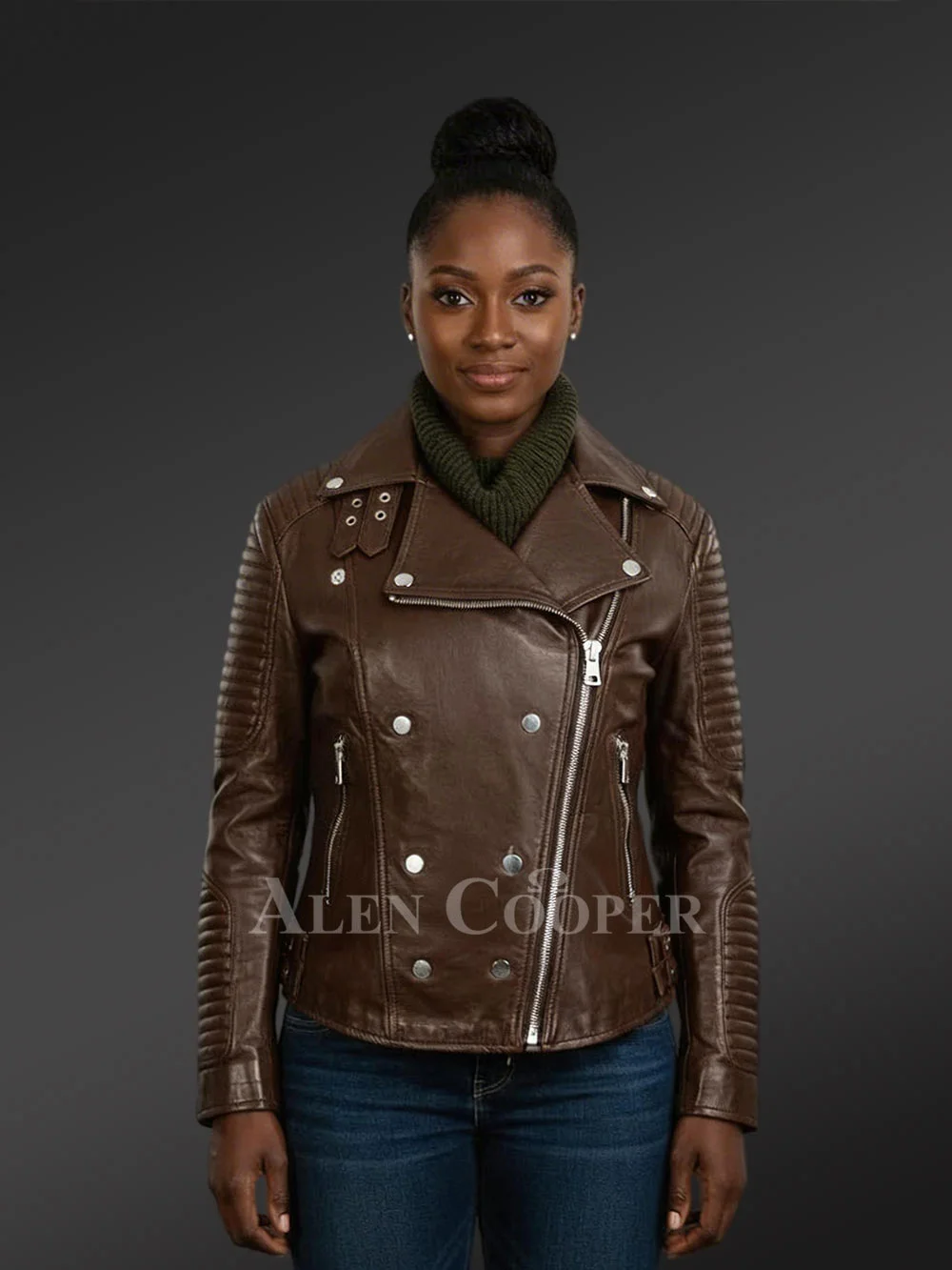 Brown Leather biker jacket with piped sleeves