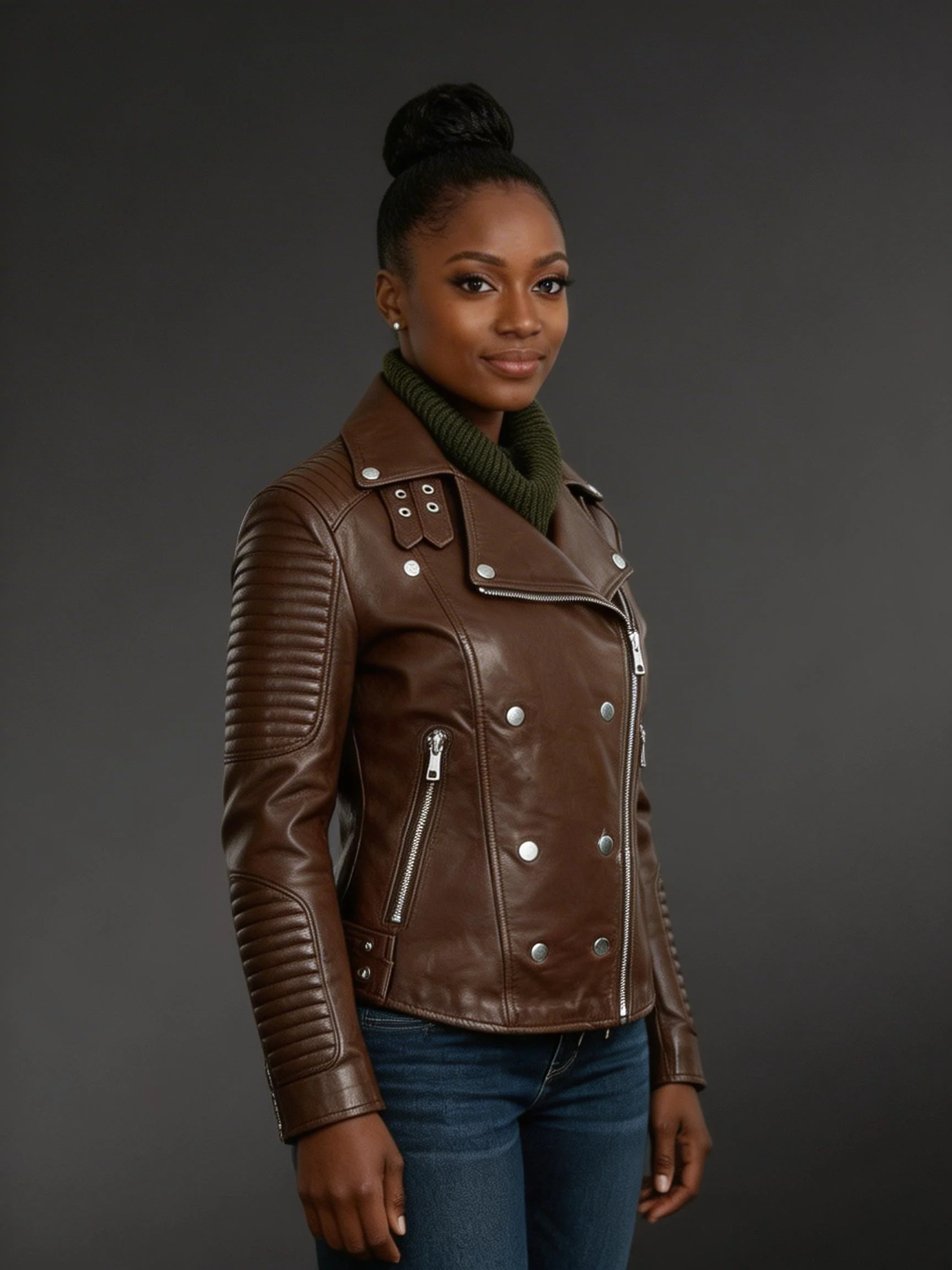 Brown Leather biker jacket with piped sleeves - Image 2