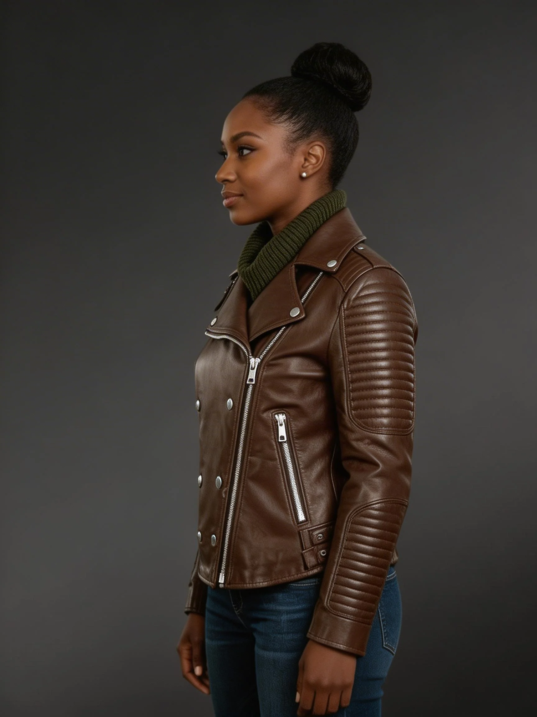 Brown Leather biker jacket with piped sleeves - Image 3