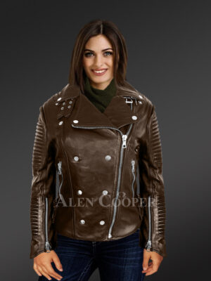 Brown Leather biker jacket with piped sleeves