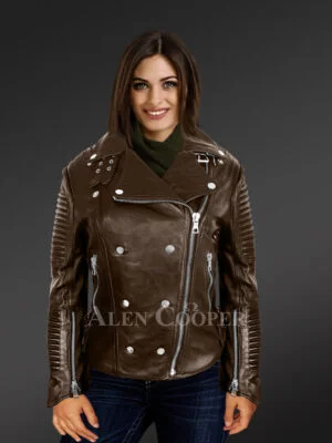 Brown Leather biker jacket with piped sleeves