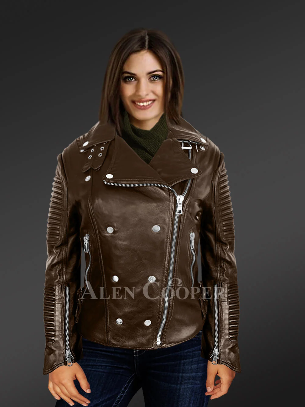 Brown Leather biker jacket with piped sleeves