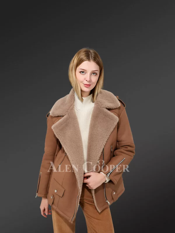 Brown Suede Finish Sheepskin Shearling Jacket For Women