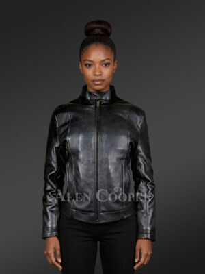 Buttoned neck black leather jacket for women