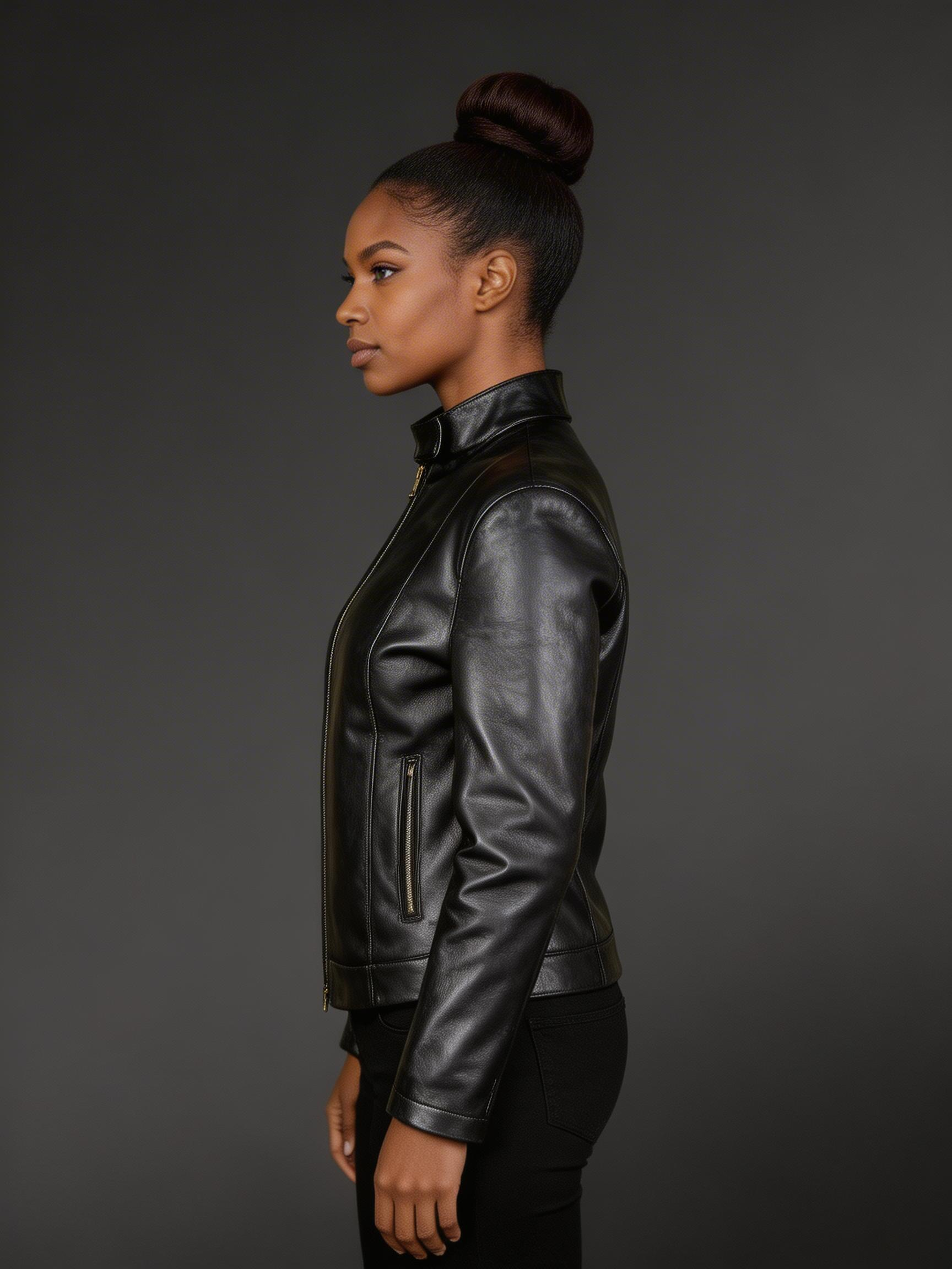 Buttoned neck black leather jacket for women - Image 3