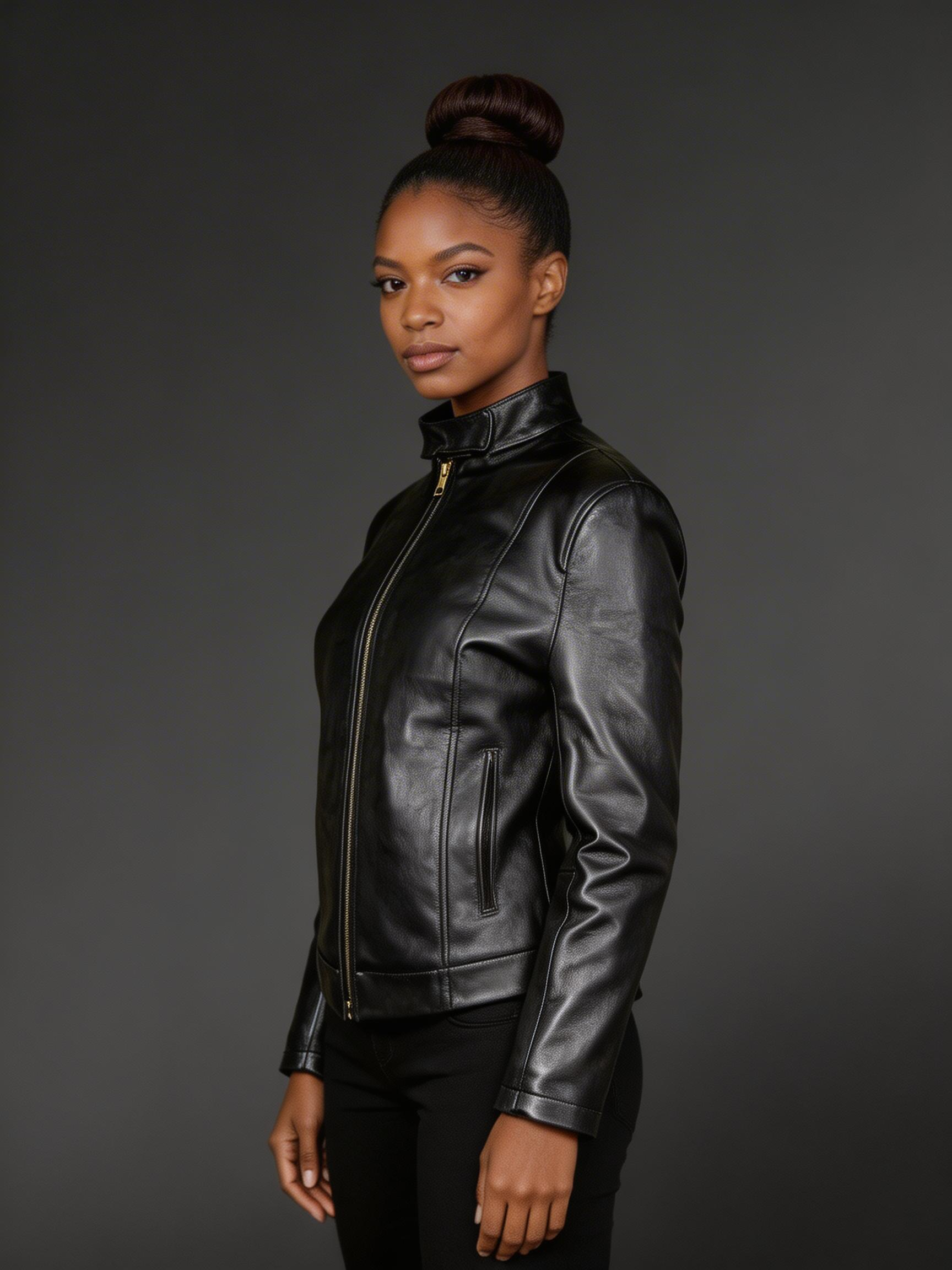 Buttoned neck black leather jacket for women - Image 2