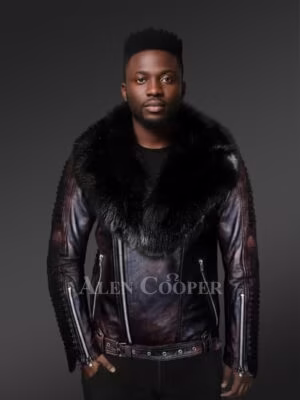 Chic And Stylish Men’s Leather Jackets in Coffee with Pure Fox Fur Collar