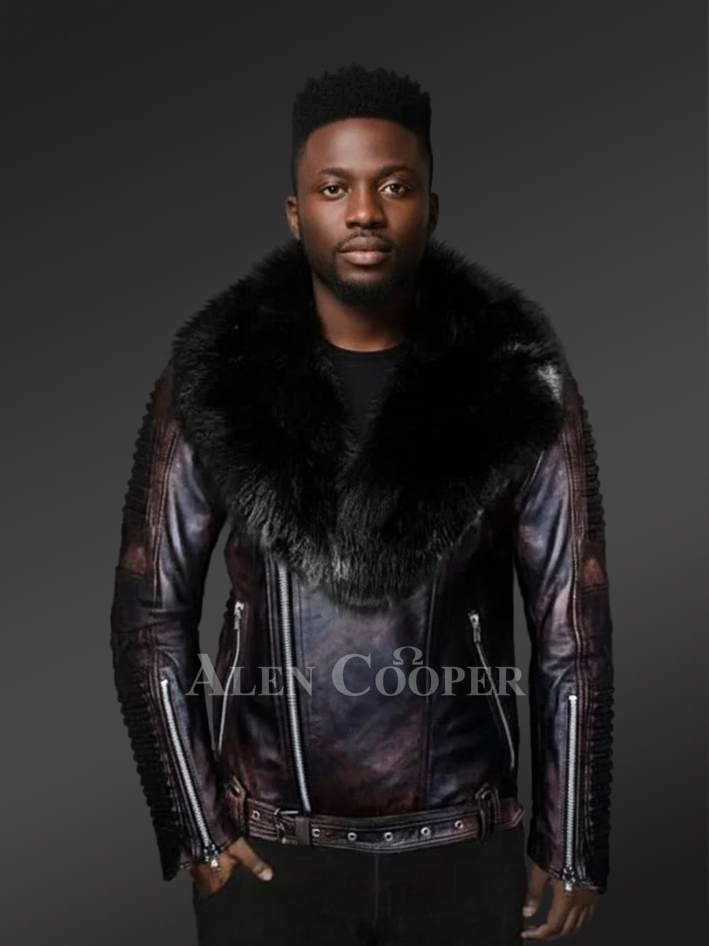 Chic And Stylish Men’s Leather Jackets in Coffee with Pure Fox Fur Collar
