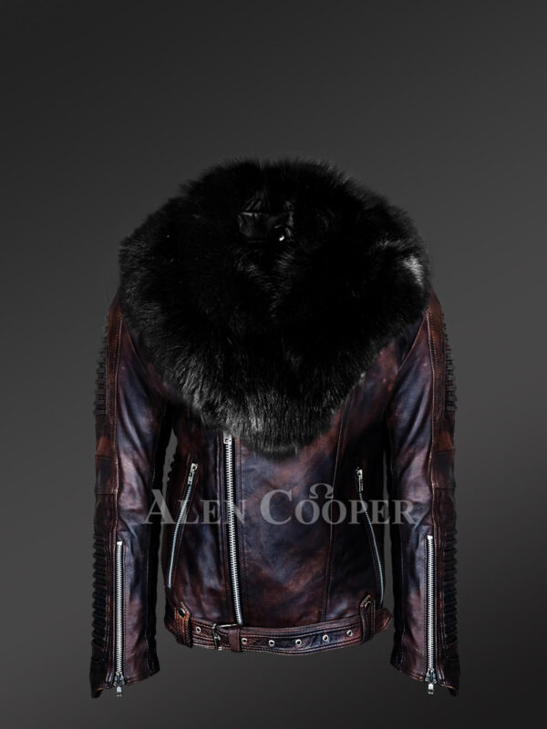 Chic And Stylish Men’s Leather Jackets in Coffee with Pure Fox Fur Collar - Image 2