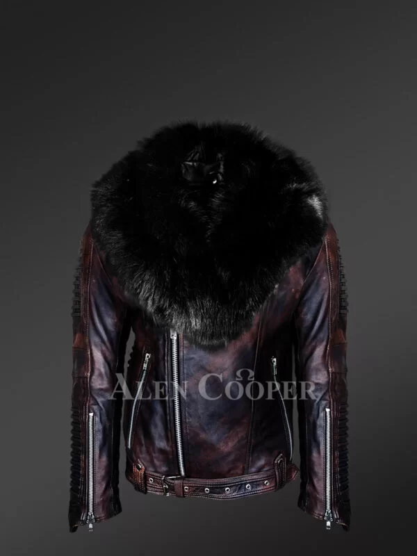 Chic And Stylish Men’s Leather Jackets in Coffee with Pure Fox Fur Collar - Image 2