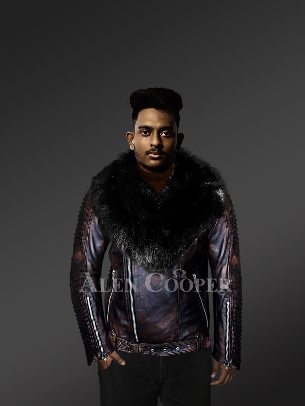 Chic and stylish men’s leather jackets in Coffee with pure Fox Fur collar