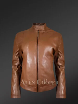 Classic Biker Jacket for Women’s With Cross Pockets in Tan