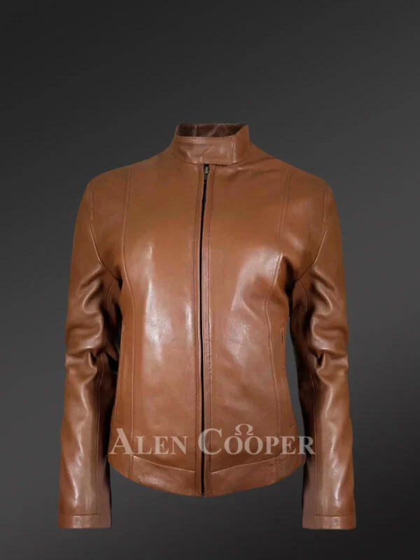 Classic Biker Jacket for Women’s With Cross Pockets in Tan