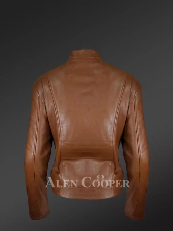 Classic Biker Jacket for Women’s With Cross Pockets in Tan - Image 4