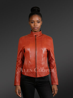 Classic Leather Moto Jacket in Slim Fit and Central Zipper Closing