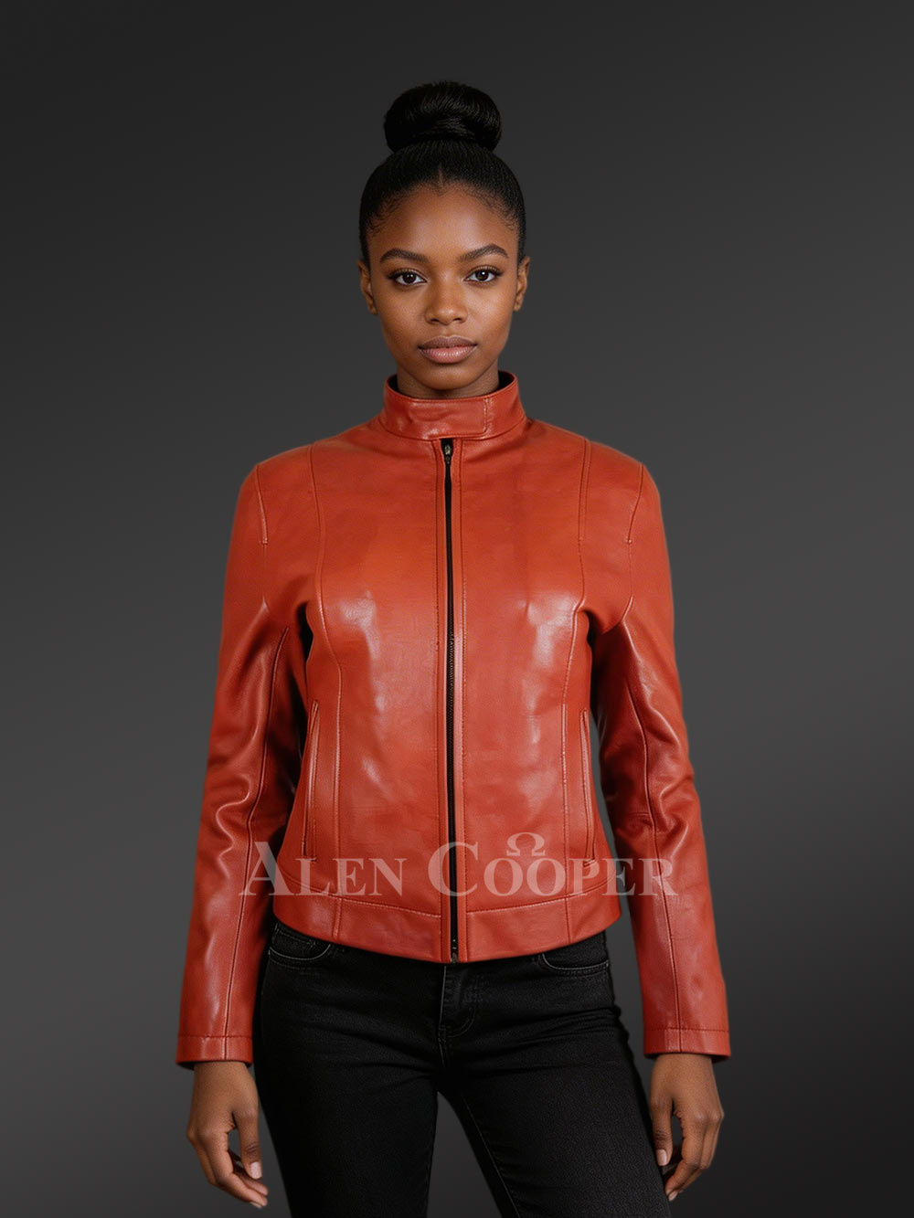 Classic Leather Moto Jacket in Slim Fit and Central Zipper Closing