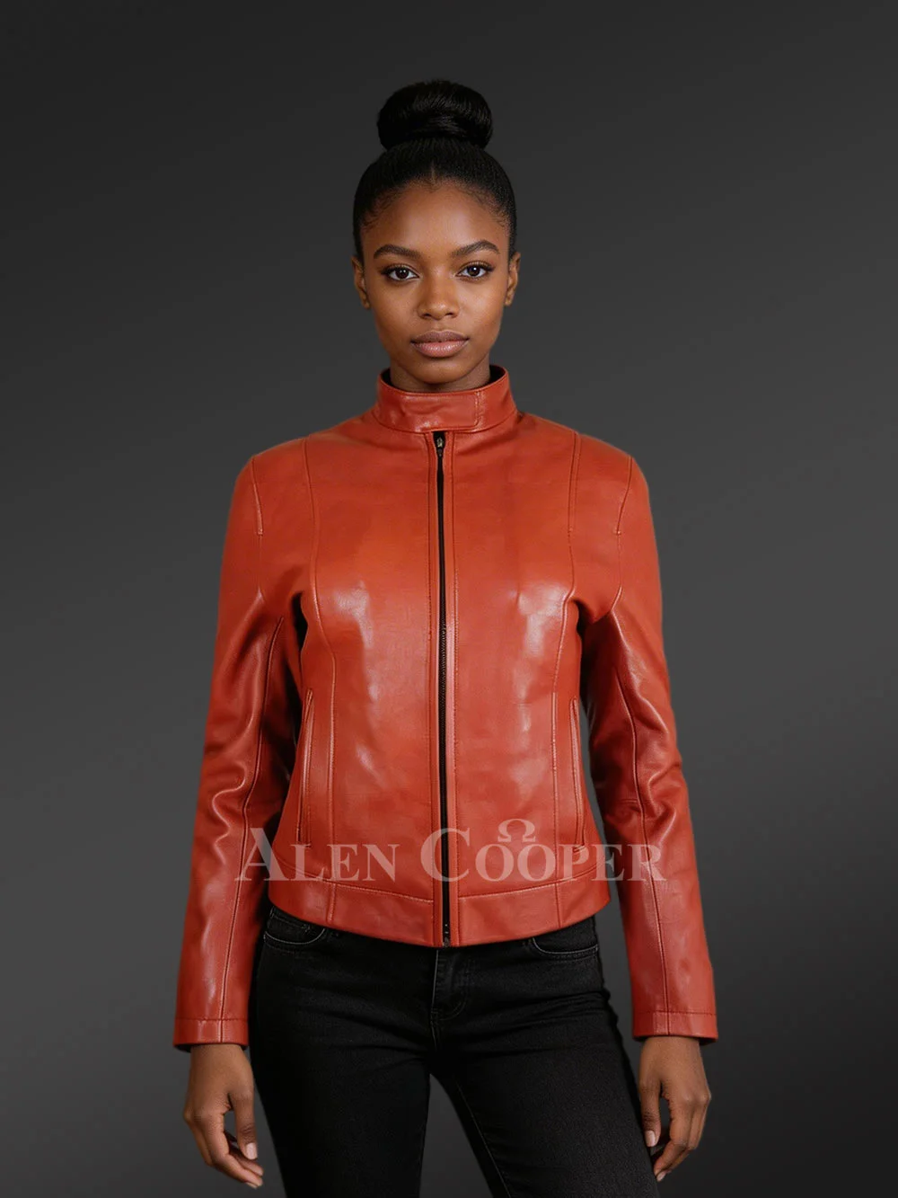 Classic Leather Moto Jacket in Slim Fit and Central Zipper Closing