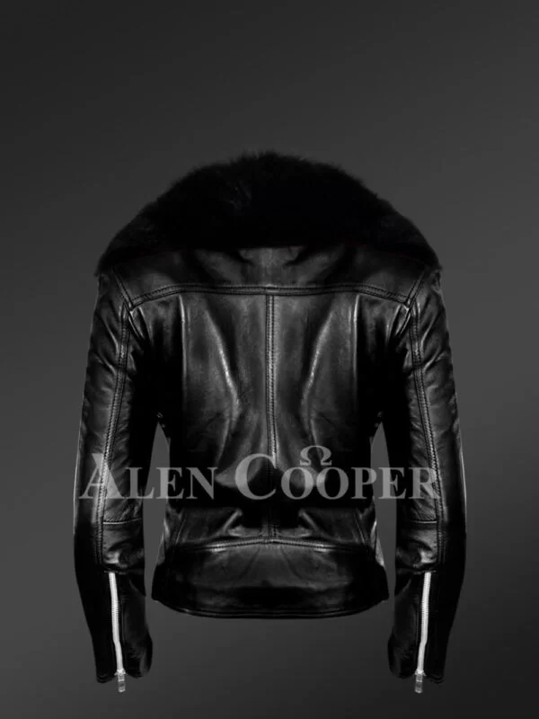 Classy Black Leather Motorcycle Jacket with Detachable Black Fox Fur Collar - Image 4