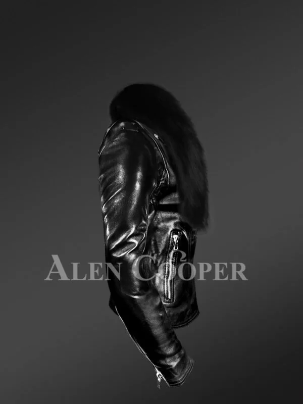 Classy Black Leather Motorcycle Jacket with Detachable Black Fox Fur Collar - Image 3