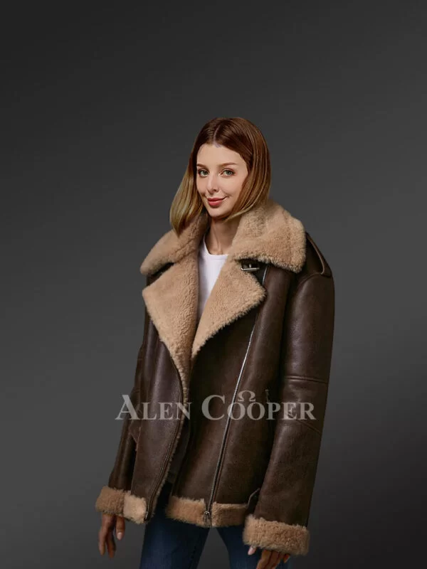 Coffee Brown Sheepskin Shearling Jacket For Women