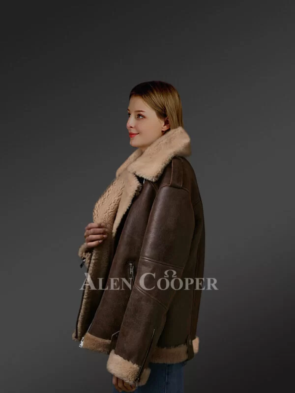 Coffee Brown Sheepskin Shearling Jacket for Women - Image 2