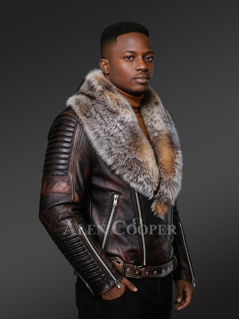 Coffee Leather Jacket with Crystal Fox Fur Collar for Men - Image 3