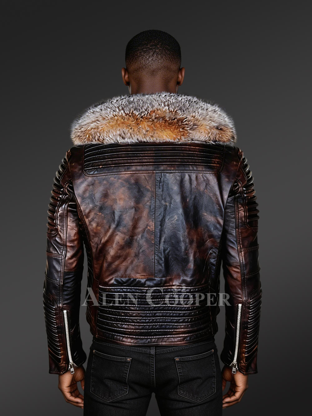 Coffee Leather Jacket with Crystal Fox Fur Collar for Men - Image 4