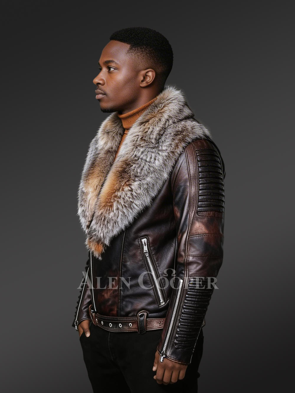 Coffee Leather Jacket with Crystal Fox Fur Collar for Men - Image 2