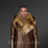 Coffee Leather Jacket with Fur Collar for Men