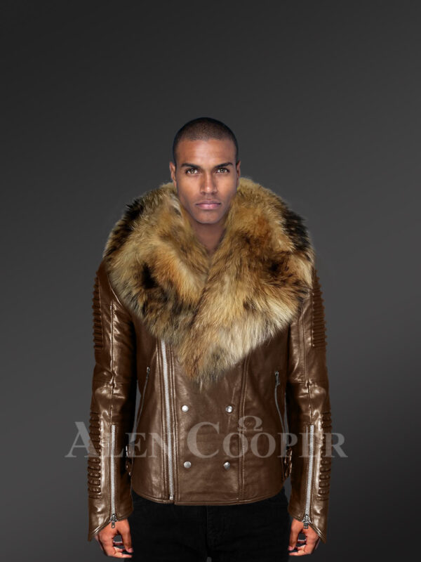 Coffee Leather Jacket with Fur Collar for Men
