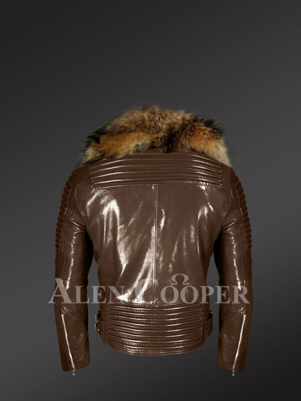 Brown Leather Jacket With Fur Collar For Men - Image 5
