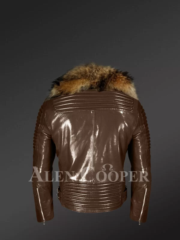 Brown Leather Jacket With Fur Collar For Men - Image 5