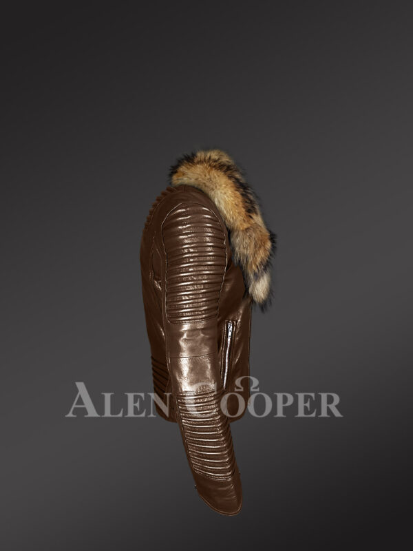 Brown Leather Jacket With Fur Collar For Men - Image 4