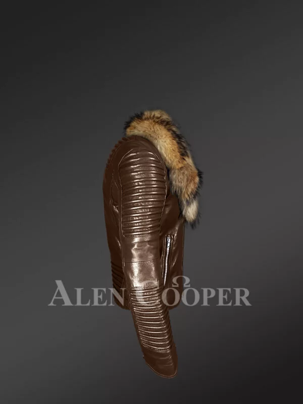 Brown Leather Jacket With Fur Collar For Men - Image 4